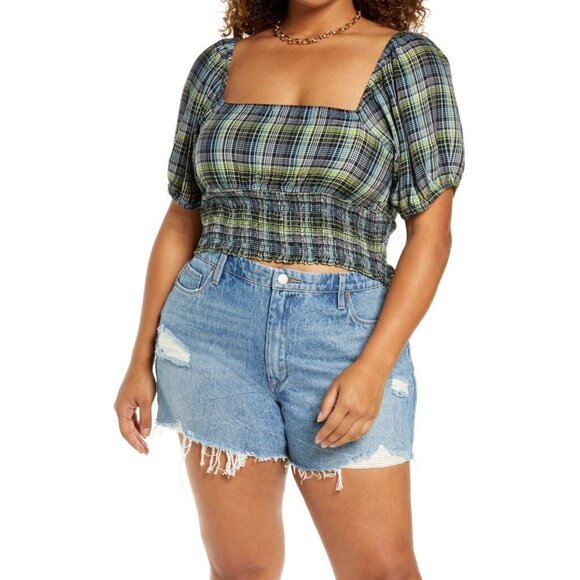 Bp Plaid Corp Top Sz 1X Plus "Veronika" Womens Bubble Sleeve Smocked - Picture 1 of 6